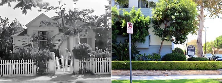 One of the original homes in the Palms neighborhood of Los Angeles and the apartment building that replaced it.
