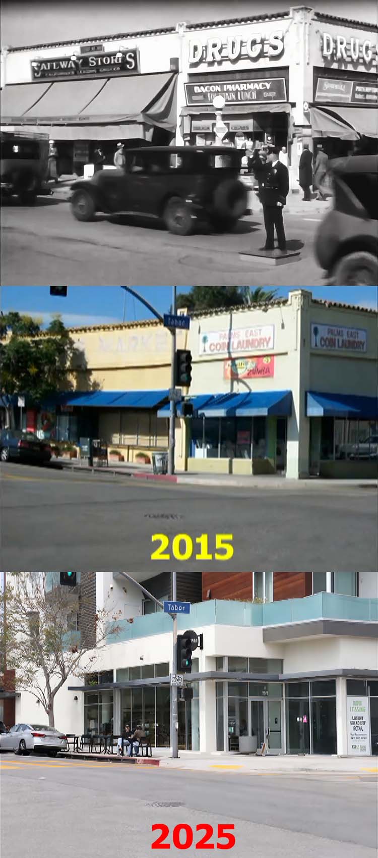 A then and now photo of an on location scene from the Charley Chase movie His Silent Racket.