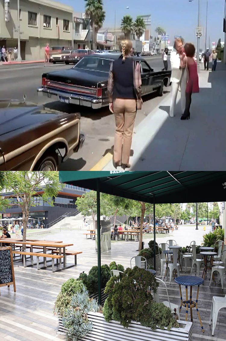 A then and now filming location photo from the episode Angels On The Street from the TV series Charlie's Angels.
