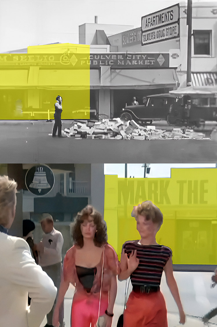 A then and now filming location photo from the episode Angels On The Street from the TV series Charlie's Angels.