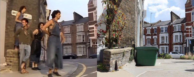 Dexys Midnight Runners in a scene from their music video Come On Eileen on location in London.