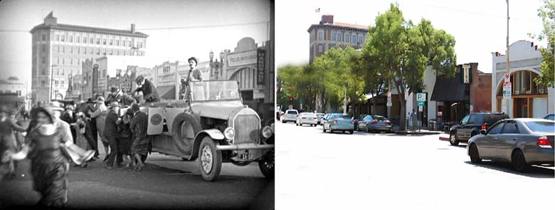 A great view of the Culver Hotel and shops on the west side of Main Street in Culver City.