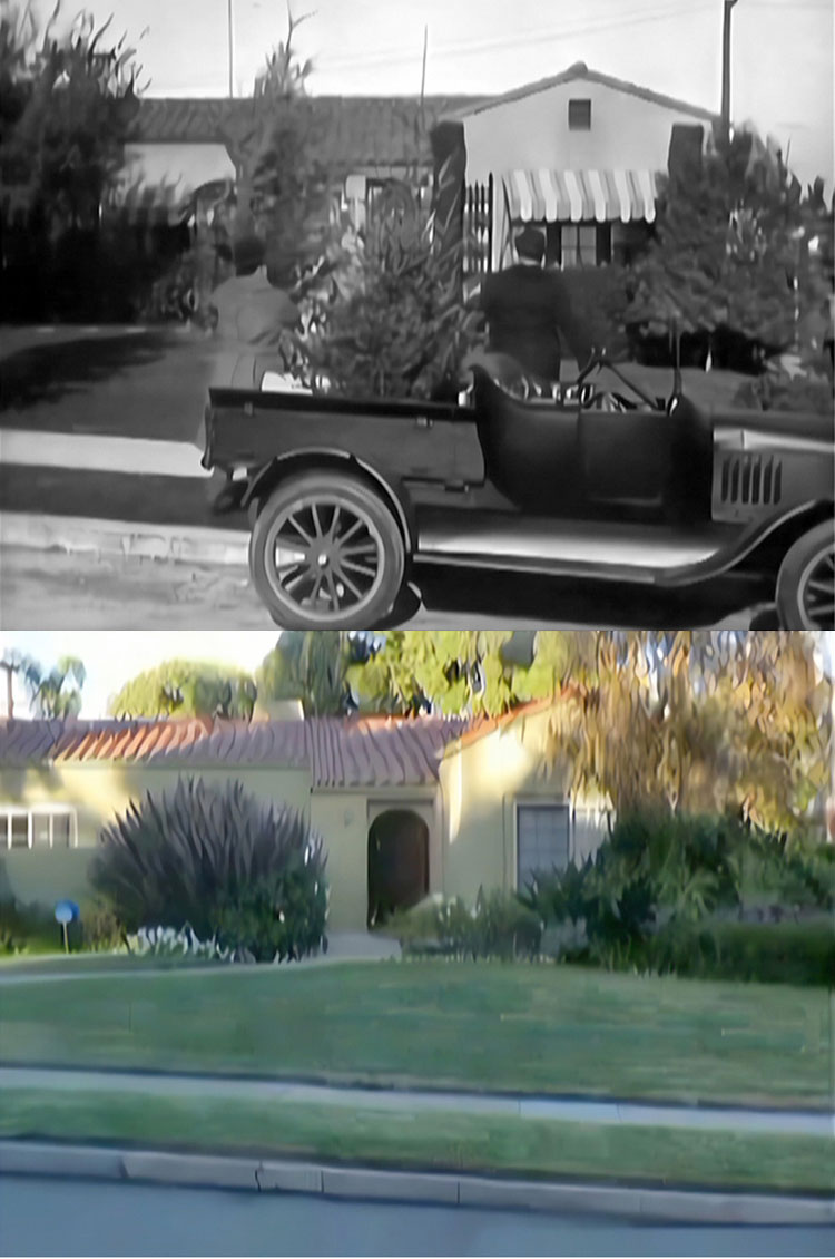 A then and now filming location photo from the Laurel and Hardy movie Big Business.