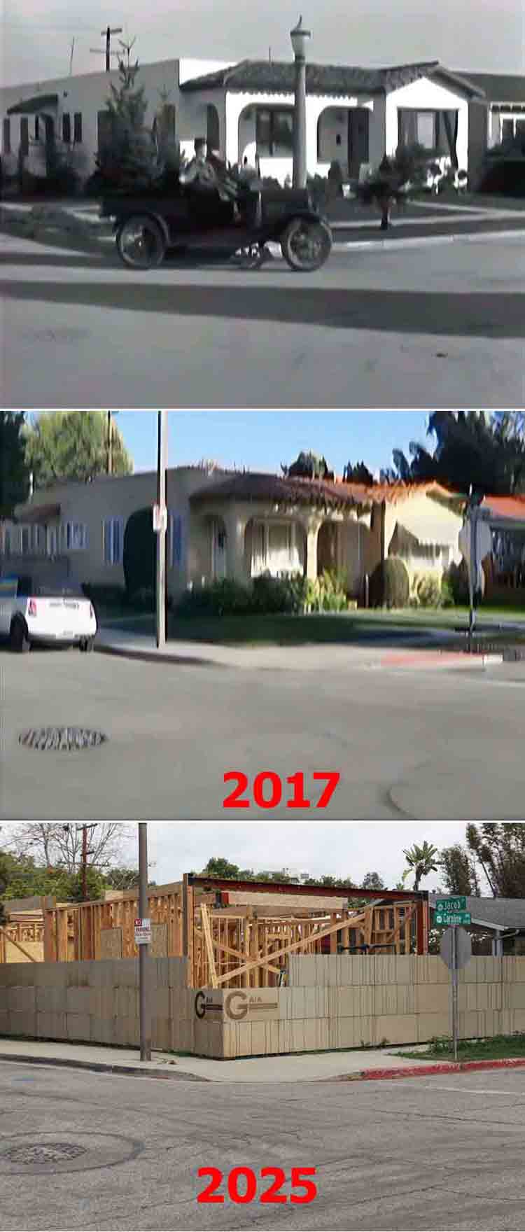 A then and now filming location photo from the Laurel and Hardy movie Big Business.