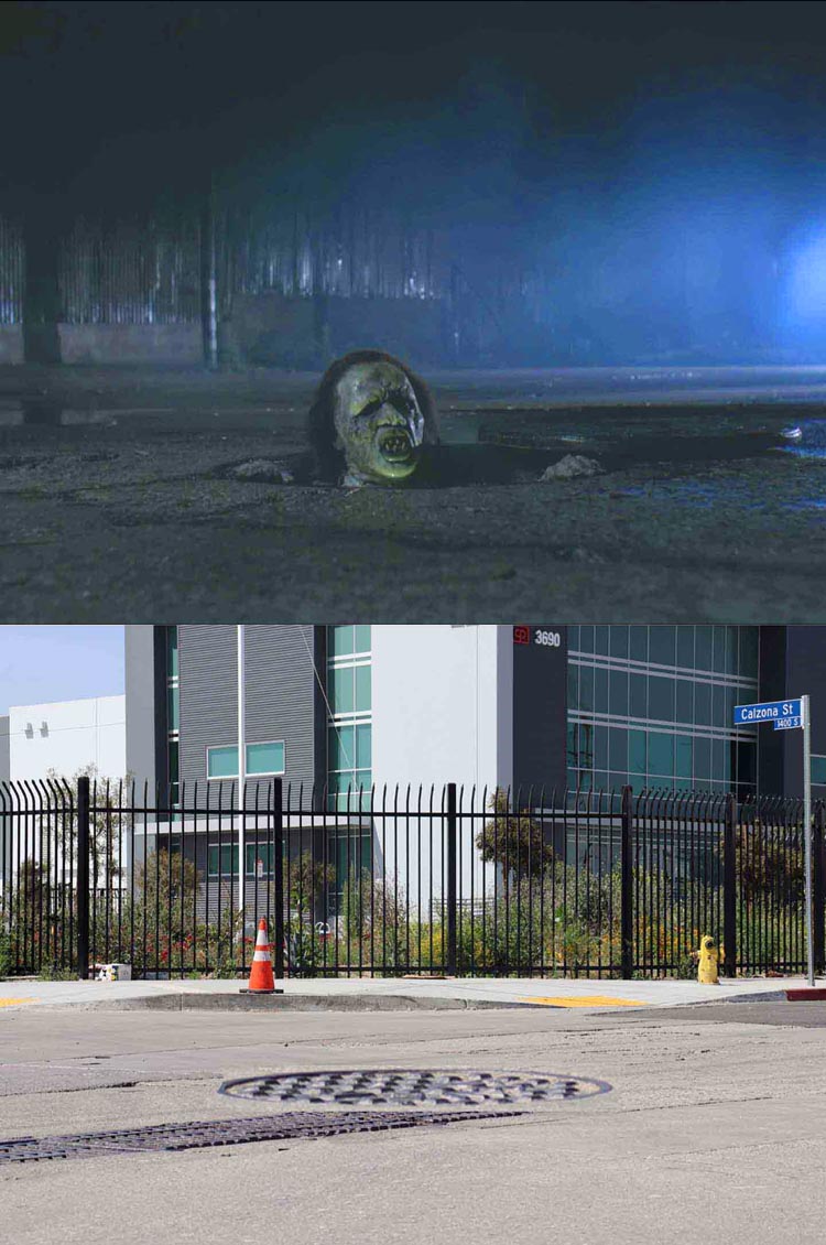 A then and now filming location photo from the Michael Jackson music video Thriller.