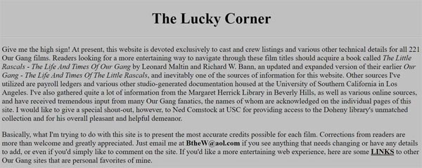 The Lucky Corner website home page.